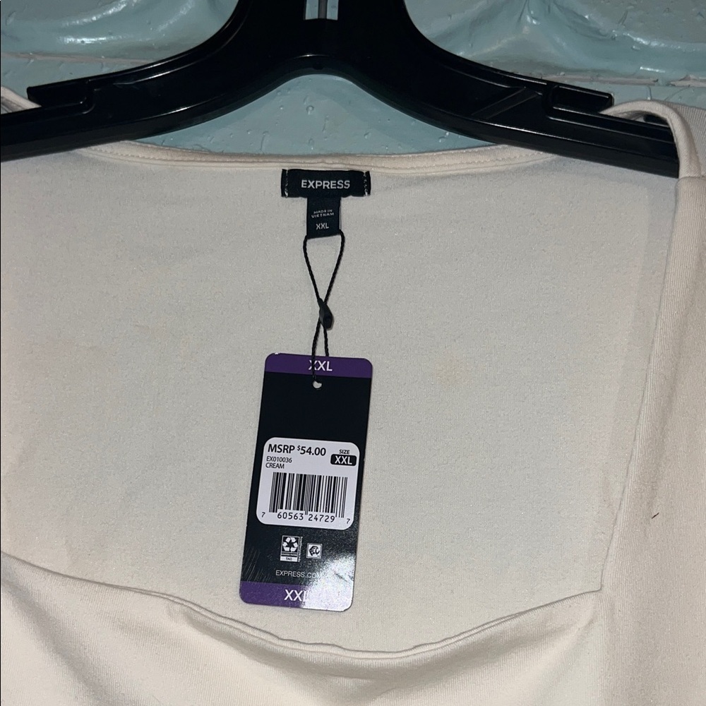 Express Square Neck Ribbed Long-Sleeve Top - Light Cream - Picture 3 of 4